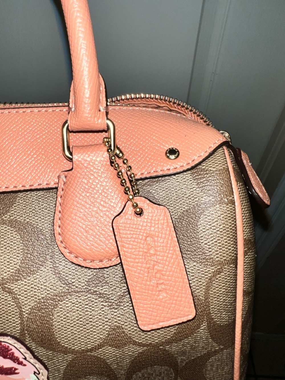 Coach Brown Signature Satchel with Pink Flamingo Accent - Picture 10 of 11